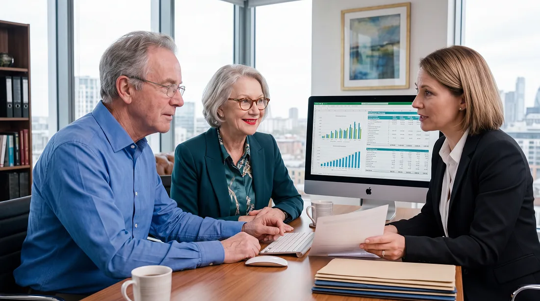 Retirement specialist explaining annuity plans to client